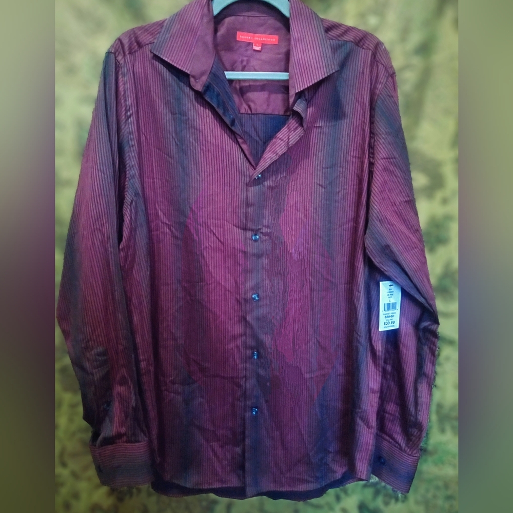 💥 NWT Report Collection Mens Button Down Dress Shirt Irredescent Red Lg.